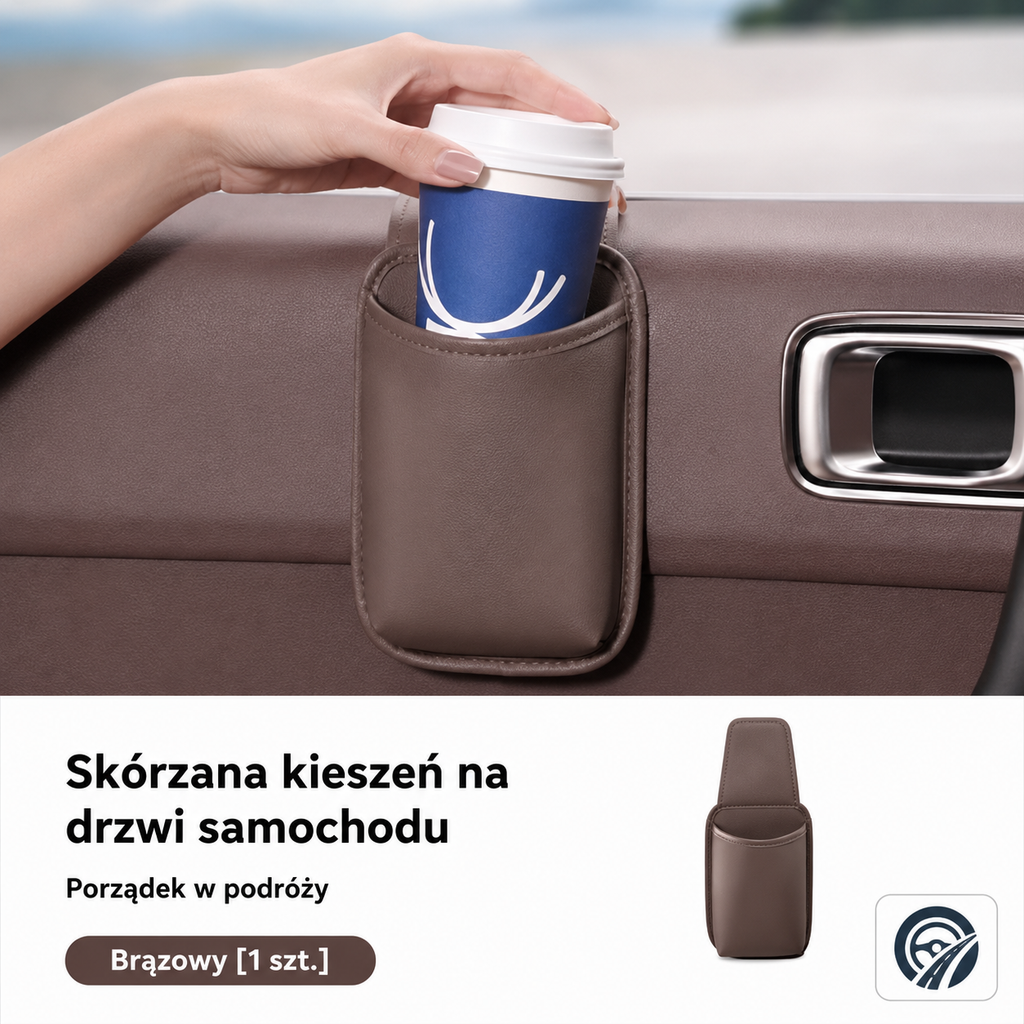 Skórzana kieszeń samochodowa na drzwi - organizer, uchwyt na kubek i akcesoria
