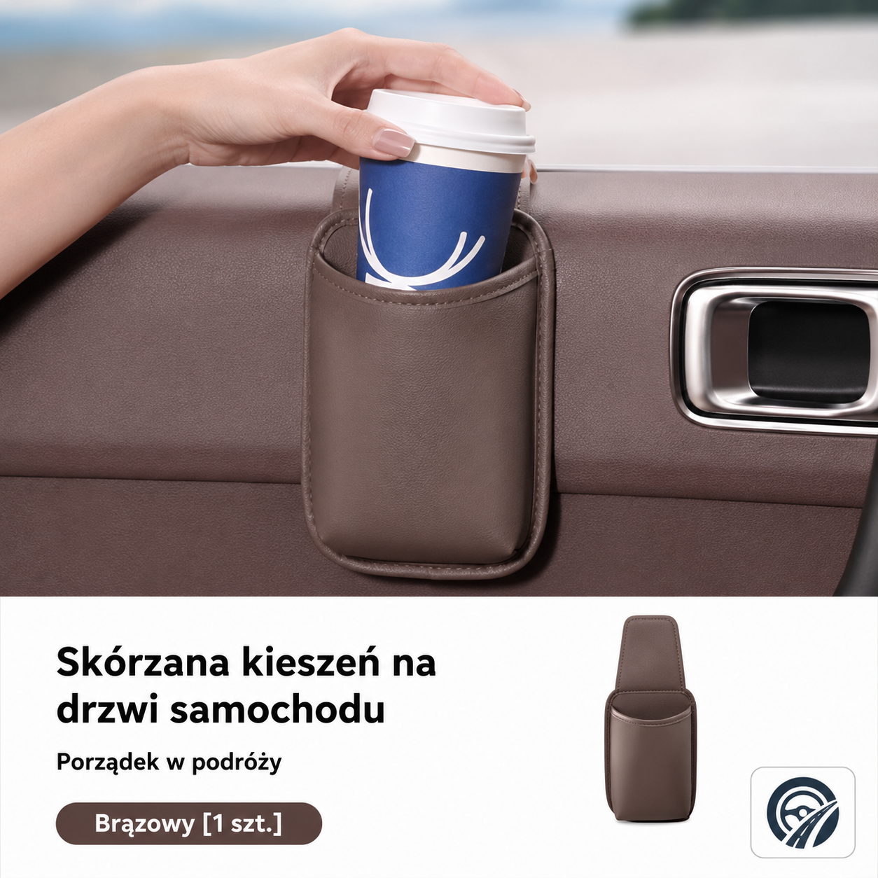 Skórzana kieszeń samochodowa na drzwi - organizer, uchwyt na kubek i akcesoria