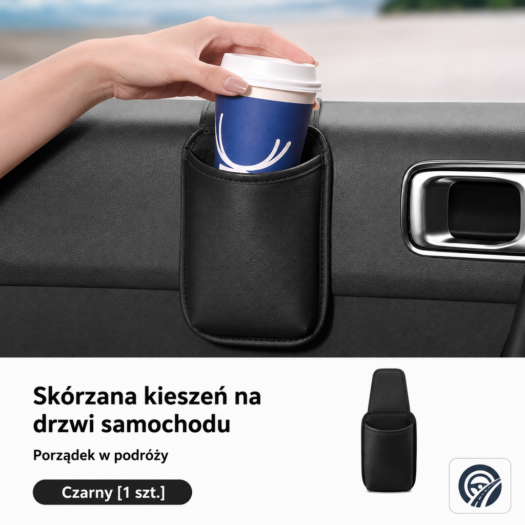 Skórzana kieszeń samochodowa na drzwi - organizer, uchwyt na kubek i akcesoria