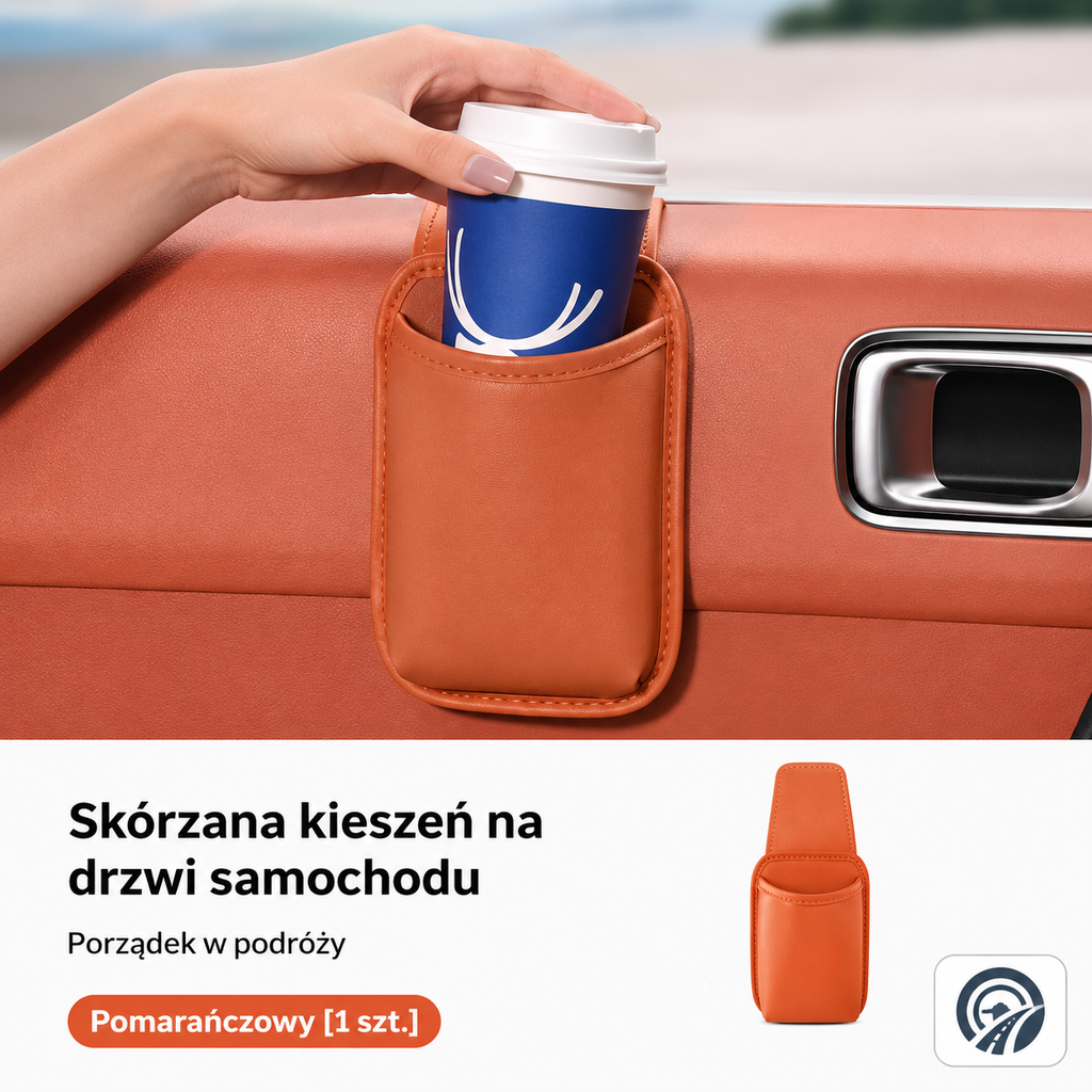 Skórzana kieszeń samochodowa na drzwi - organizer, uchwyt na kubek i akcesoria